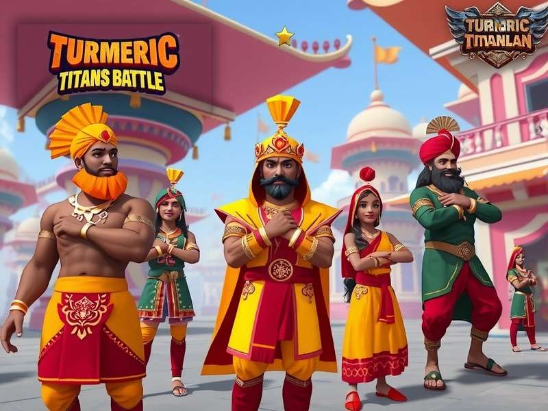 Turmeric Titans Battle gameplay screenshot showing players in colorful Indian-themed outfits